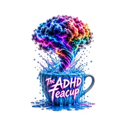 The ADHD Teacup logo: a rainbow storm rising out of a blue teacup